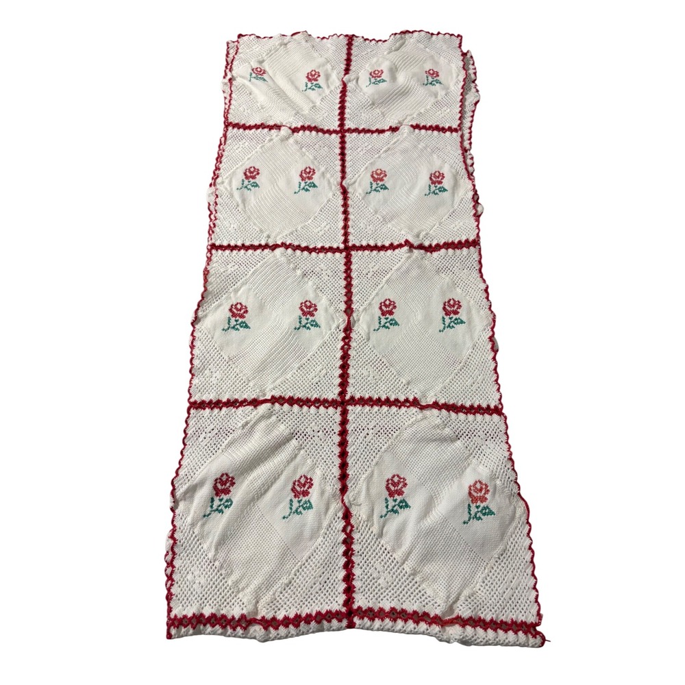 Vintage Handmade Crochet Table Runner White Red Rose Cross Stitch Floral 34x13